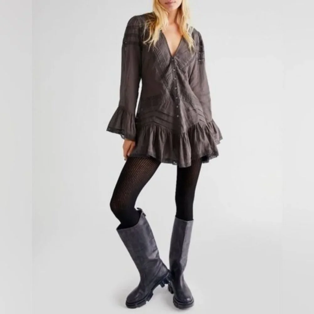 NWOT Free People Lace Tunic Mini Dress | Charcoal Whimsigoth Boho Grunge Fairy S - Picture 13 of 16